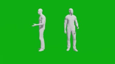 3D yeşil ekran ofis çalışanı. Renksiz ve malzemesiz iki farklı görüşe sahip.