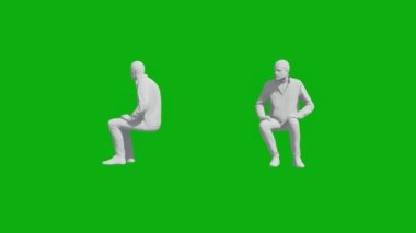 3D ofis çalışanı yeşil ekranda oturuyor. 2 farklı mod düşünüyor. 3 boyutlu ofis çalışanı yeşil ekranda oturuyor ve 2 farklı mod düşünüyor.