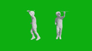 3D Avrupalı yakışıklı okul çocuğu iki farklı renk ve malzeme olmadan yeşil ekranda yürüyor ve oynuyor