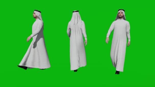 阿拉伯3人在现实的3D环境中走来走去 呈现孤立的绿色屏幕 — 图库视频影像