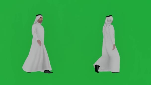 阿拉伯男子走来走去真实的3D人绘制孤立的绿色屏幕 — 图库视频影像