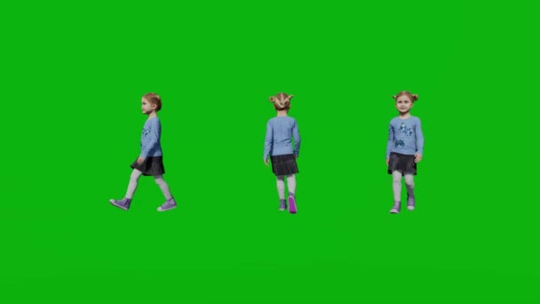 かわいい女の子が並んで歩くと前後の緑の画面 — ストック動画