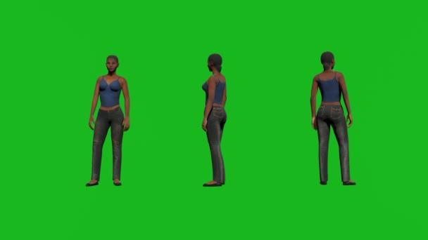 黑人妇女走着说着绿色屏幕的人们3D渲染动画完整的Hd 1080 Wite Lee和黑色的Drees — 图库视频影像
