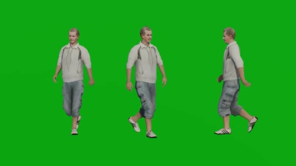 Man Walk Green Screeen Wite Wite Shirt Und Lee People — Stockvideo