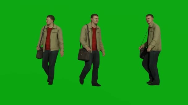 男性従業員ホワイトバッグ3D若い男の子緑の画面人々クロマキー背景3DレンダリングアニメーションフルHd 1080学生ビジネスマン — ストック動画