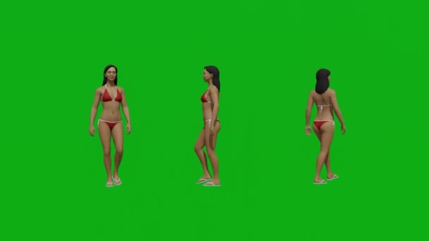 Femme Bikini Marcher Vert Écran Chroma Touche Arrière Plan Rendre — Video