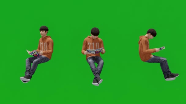 学校の子供は3つの角度の緑の画面で勉強しています3Dレンダリング現実的な3D人が孤立した緑の画面をレンダリングフルHd 1080 — ストック動画