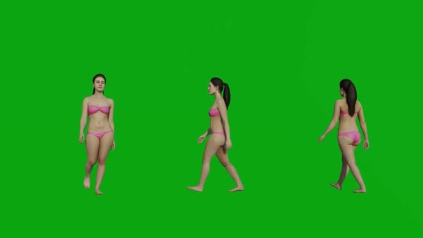 3D女子比基尼行走绿色屏幕彩色键背景3D渲染动画完整Hd 1080 — 图库视频影像