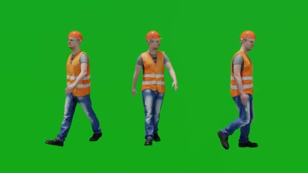 Trabajador Construcción Ropa Trabajo Caminando Tres Ángulos Diferentes Pantalla Verde — Vídeo de stock