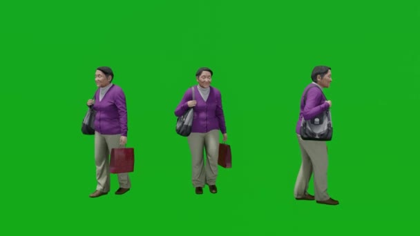 Yaşlı Kadın Yeşil Ekranda Yürür Insanlar Animasyon Tam 1080 Canlandırma — Stok video