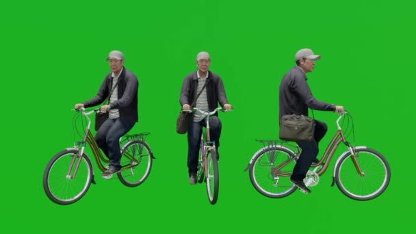 Старуха Старой Шляпе Велосипеде Мешком Трех Разных Углах Зеленый Экран — стоковое видео