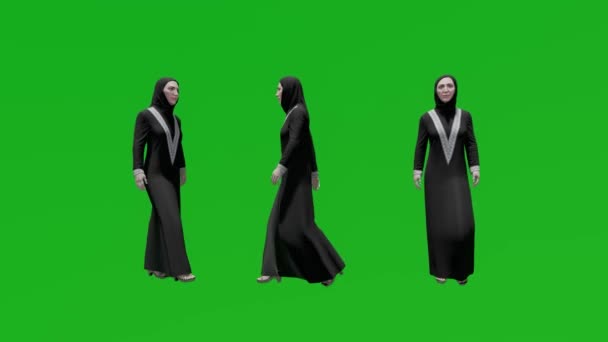戴面纱的女人走在三个角度的绿色屏风下 使现实的3D人画出完整的绿色屏风 — 图库视频影像