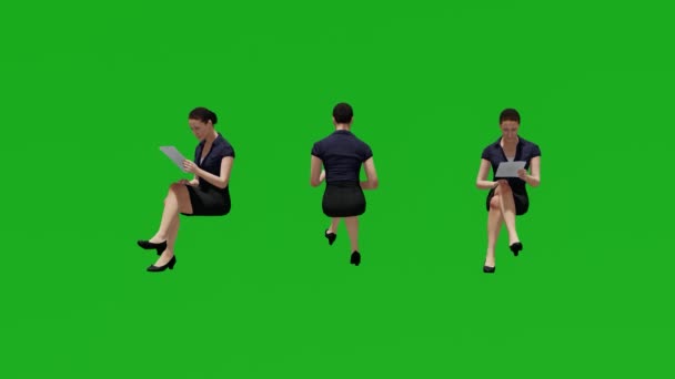 使用妇女站点交谈3D人员渲染孤立的绿色屏幕 — 图库视频影像