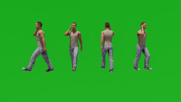 3D男歩く街公園町の人々隔離された緑の画面4K — ストック動画
