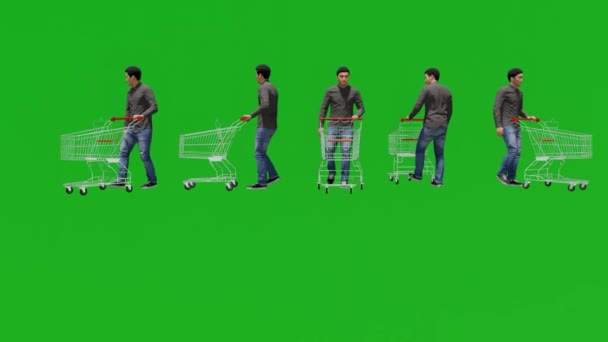 3D购物车人营销绿色屏幕人彩色键背景3D渲染动画 — 图库视频影像