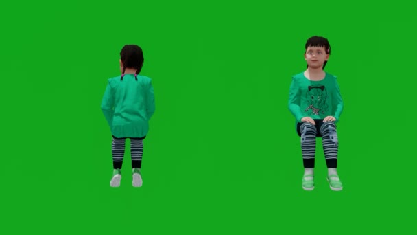 Χαριτωμένο Κορίτσι Πράσινη Οθόνη Κάθεται Ακούγοντας Από Διαφορετικές Γωνίες Δείτε — Αρχείο Βίντεο