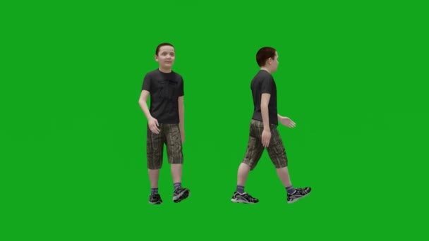 Scuola Bambino Camminare Pantaloncini Schermo Verde Con Punti Vista Diversi — Video Stock
