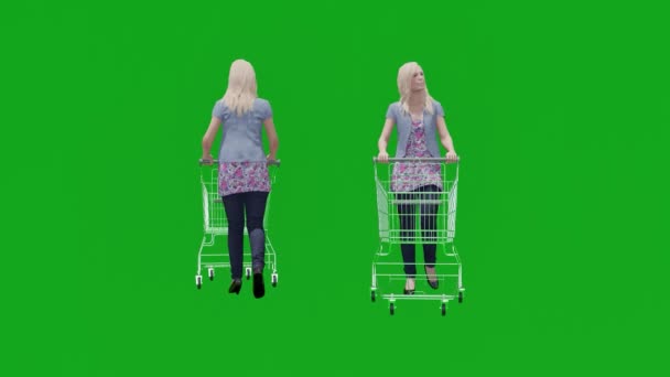 女孩购物市场狂热的3D人渲染孤立的绿色屏幕 — 图库视频影像