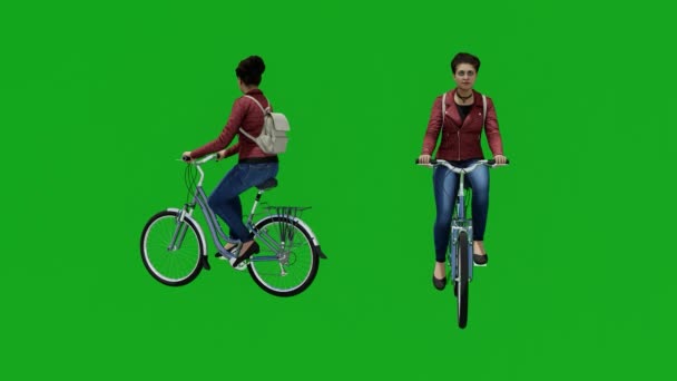 Σχολείο Κορίτσι Πηγαίνει Ποδήλατο Άνθρωποι Καθιστώντας Απομονωμένη Πράσινη Οθόνη — Αρχείο Βίντεο