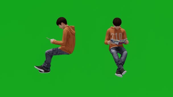 Σχολείο Αγόρι Ανάγνωση Βιβλίο Κάθεται Πράσινη Οθόνη Διαφορετικές Απόψεις — Αρχείο Βίντεο