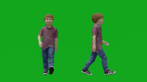3D学校の子供は2つの異なるビューで短い緑の画面を歩く — ストック動画