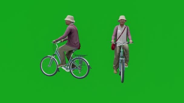 3D祖母は2つの角度で自転車緑の画面に乗って — ストック動画