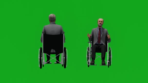 Старий Сидить Інвалідному Візку Йде Зеленим Екраном Двома Різними Видами — стокове відео