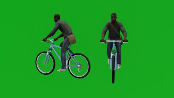 2つの異なるビューで自転車の緑の画面に乗って黒の観光客の男 — ストック動画