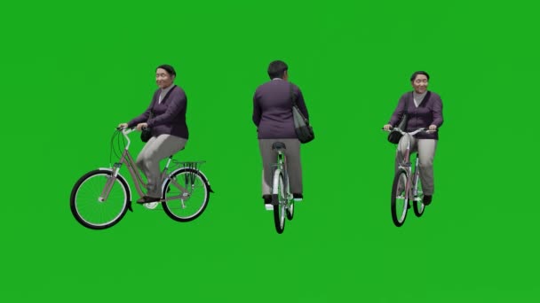 Ηλικιωμένη Γυναίκα Ποδήλατο Άνθρωποι Απομονωμένη Πράσινη Οθόνη — Αρχείο Βίντεο