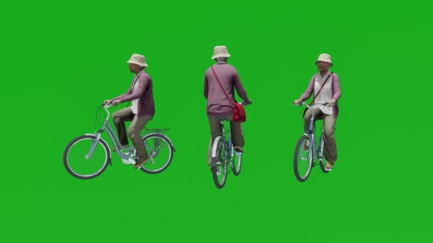 Mulher Velha Bicicleta Pessoas Isolado Tela Verde — Vídeo de Stock