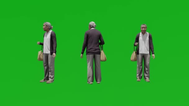 Viejo Asia Mujer Caminar Hablar Personas Aislado Pantalla Verde — Vídeos de Stock