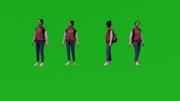 Девушка Зеленый Экран Ждет Своих Друзей Школе Различными Взглядами — стоковое видео