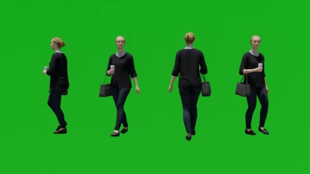 3D年轻女子绿屏步行与饮料市场有4种不同的观点 — 图库视频影像