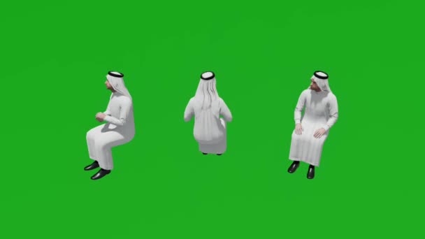 3D若いアラブ人男緑の画面3つの異なるビューで顧客と話を座って — ストック動画