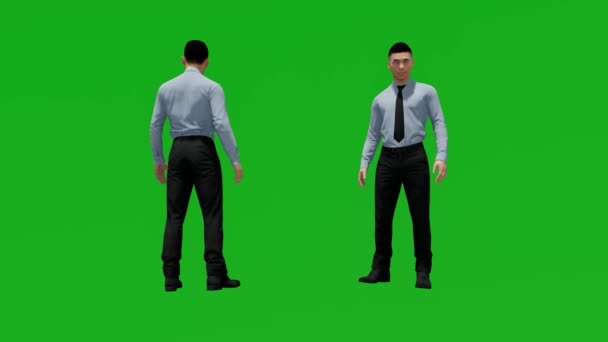 3Dオフィスワーカー2つの異なるビューを持つ同僚オフィスと話す緑の画面 — ストック動画