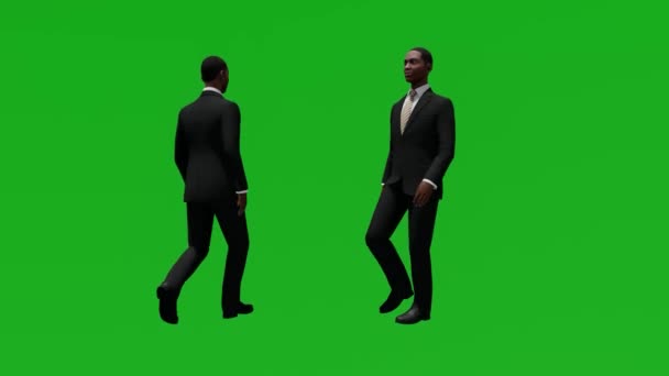 3Dグリーンスクリーンオフィスワーカーアフリカ人男性2つの異なるビューでオフィスを歩く — ストック動画