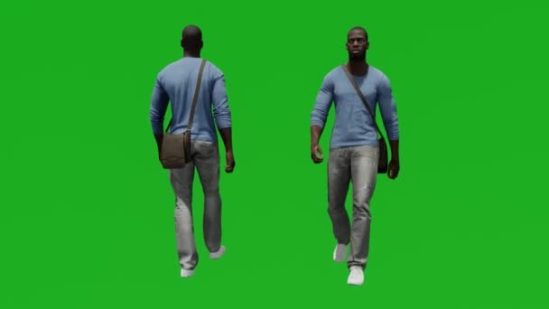 2つの異なるビューで近所を歩く緑の画面3Dアクションに対するアフリカ人男性 — ストック動画