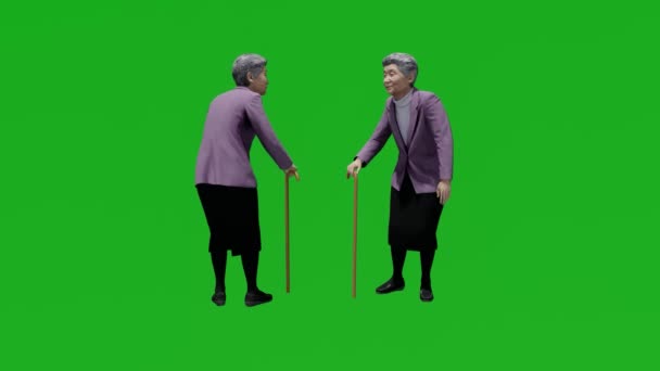 3D古いですアジアの女性の緑の画面見回すとともに2異なるビュー — ストック動画