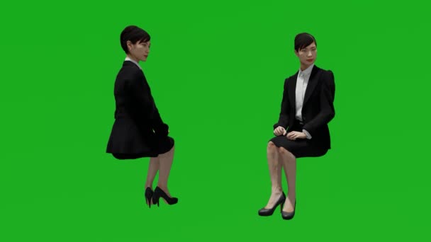 3D若いアジアの女性の緑の画面見て周り店で2異なるビュー — ストック動画