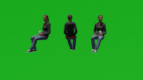 3つの異なるビューを持つ3Dアフリカの女性の緑の画面のコーヒー公園を飲む — ストック動画