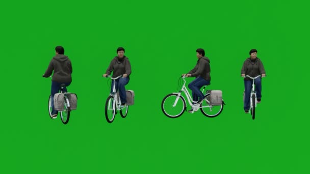 3D若い男緑の画面4つの異なるビューで公園に乗る自転車 — ストック動画