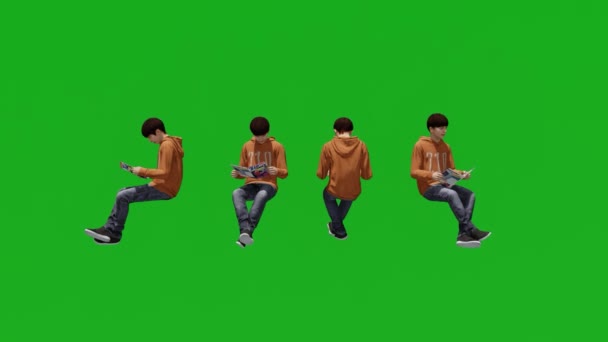 3D高校生の男の子緑の画面読書本で学校4異なるビュー3D高校生の男の子緑の画面読書本で学校4異なるビュー — ストック動画