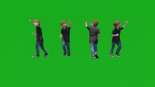 3Dアメリカの学校の男の子の再生と4つの異なるビューを持つ学校の緑の画面を実行 — ストック動画