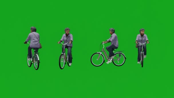 Elderly Female Employee Riding Bicycle Green Screen Different Views Elderly — Stock Video