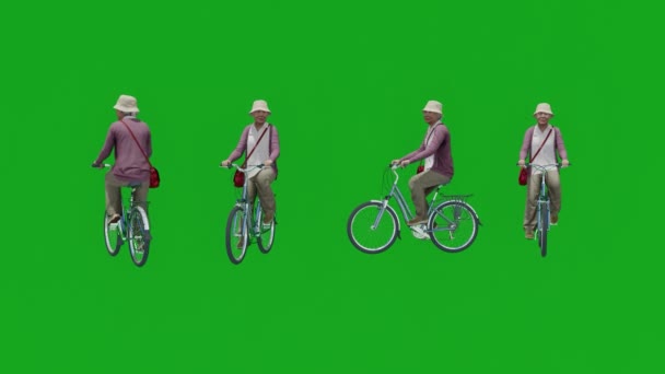 Velha Mulher Asiática Andar Bicicleta Tela Verde Com Visualizações Diferentes — Vídeo de Stock