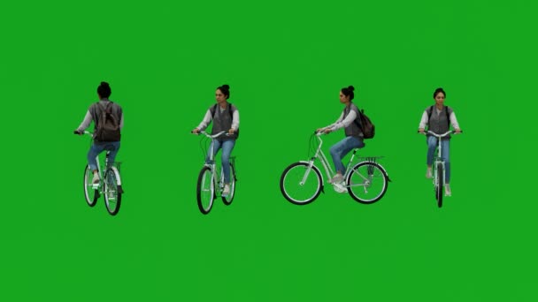 Πράσινη Οθόνη Ασιατική Φοιτήτρια Ιππασία Ποδήλατο Στο Πανεπιστήμιο Διαφορετικές Απόψεις — Αρχείο Βίντεο