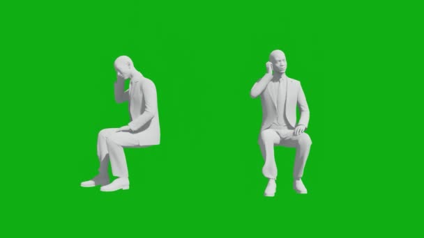 3Dオフィスの男緑の画面の位置は色や材料なしで2つの異なるビューで電話を話して座って — ストック動画