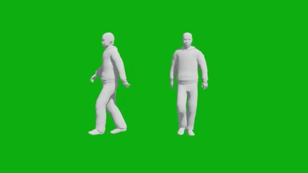 3D中年男性緑の画面の路地を歩く2つの異なるビューのない色と材料 — ストック動画
