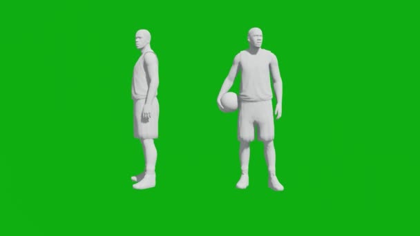 3Dバスケットボールの男緑の画面は 色や材料なしで2つの異なるビューを持つジム立って — ストック動画