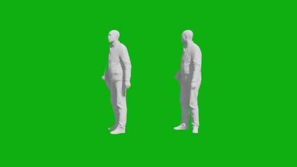 3D学生男緑の画面立って周りを見回す2つの異なるビューなし色と材料 — ストック動画